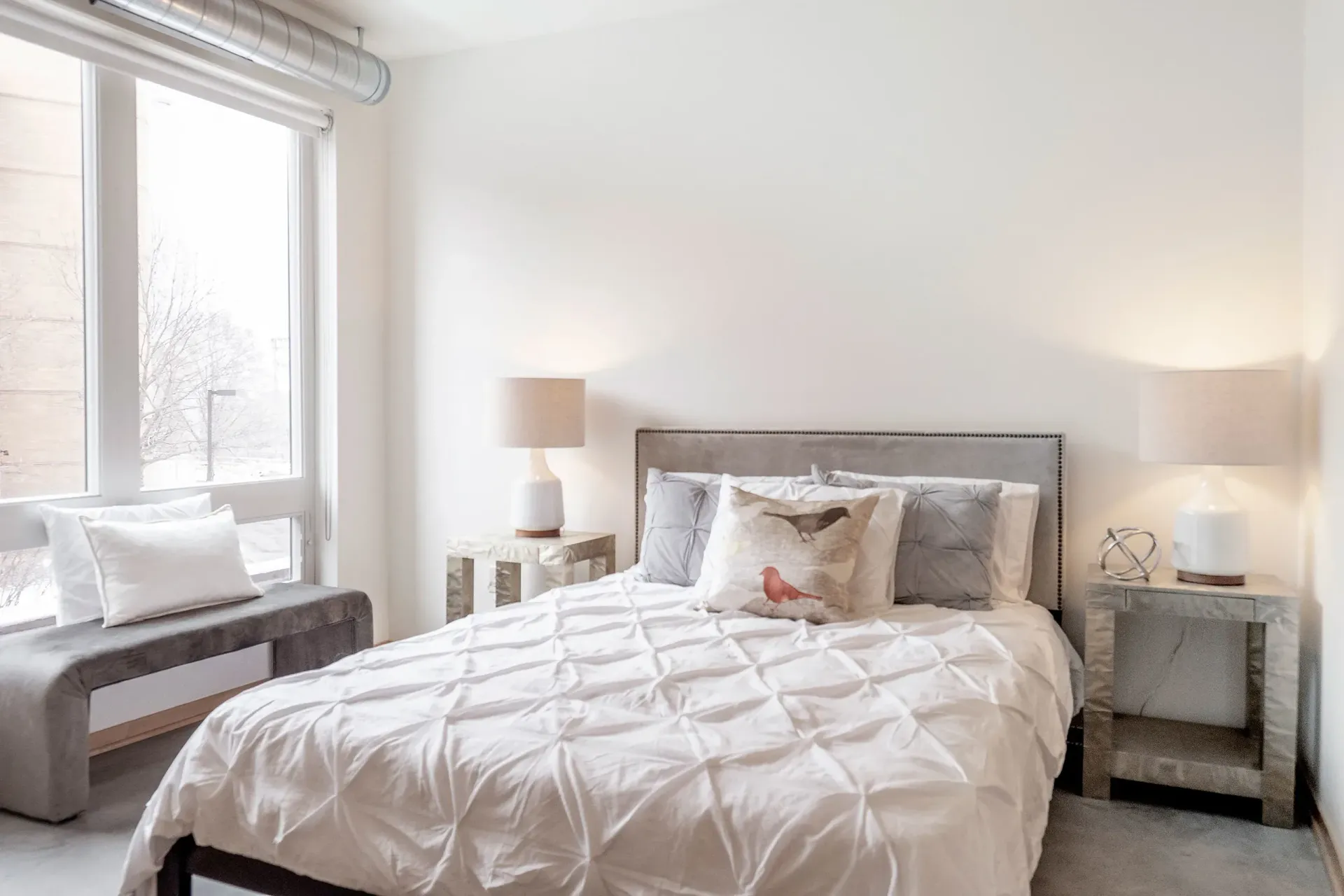 Bedroom at 7west in Minneapolis, MN.
