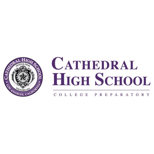 the logo for cathedral high school college preparatory is purple and white .