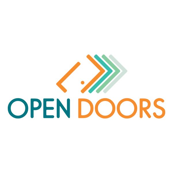 a logo for open doors with three arrows pointing in opposite directions