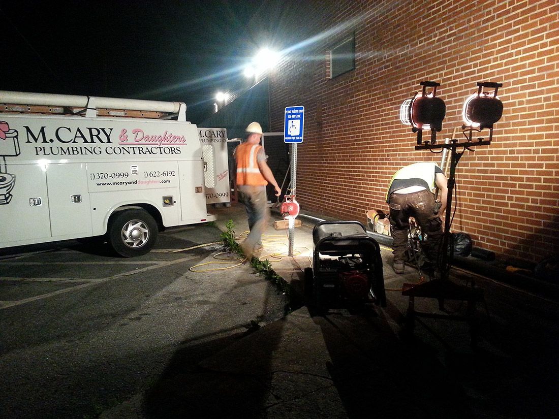 Two men are working at night with lights.