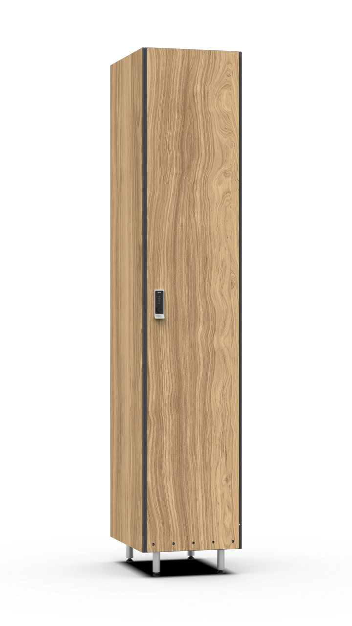 A two-person ski locker with the door closed.