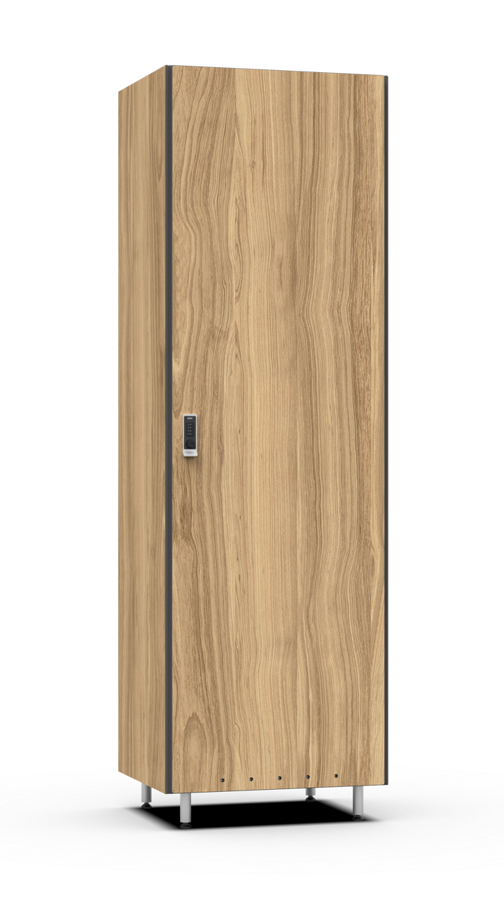 A four-person ski locker with the door closed.