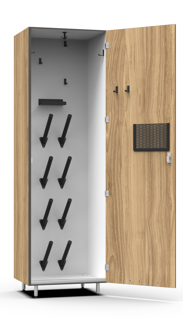 A four-person ski locker with the door open.