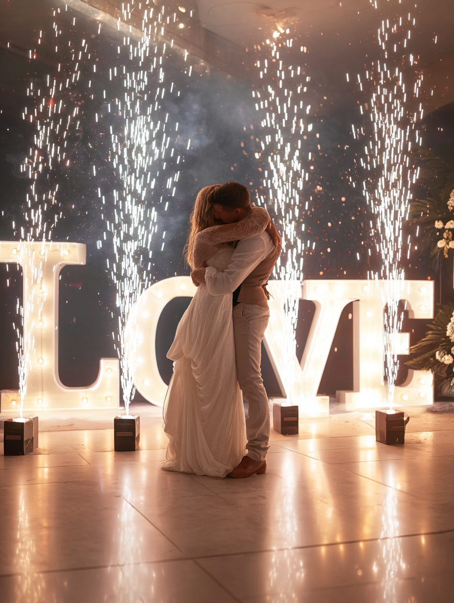 A bride and groom are dancing in front of a large love sign.