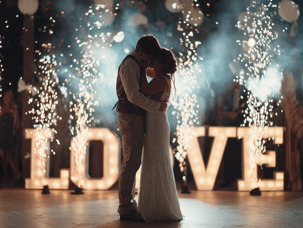 Couple embracing, lit by fireworks, in front of glowing