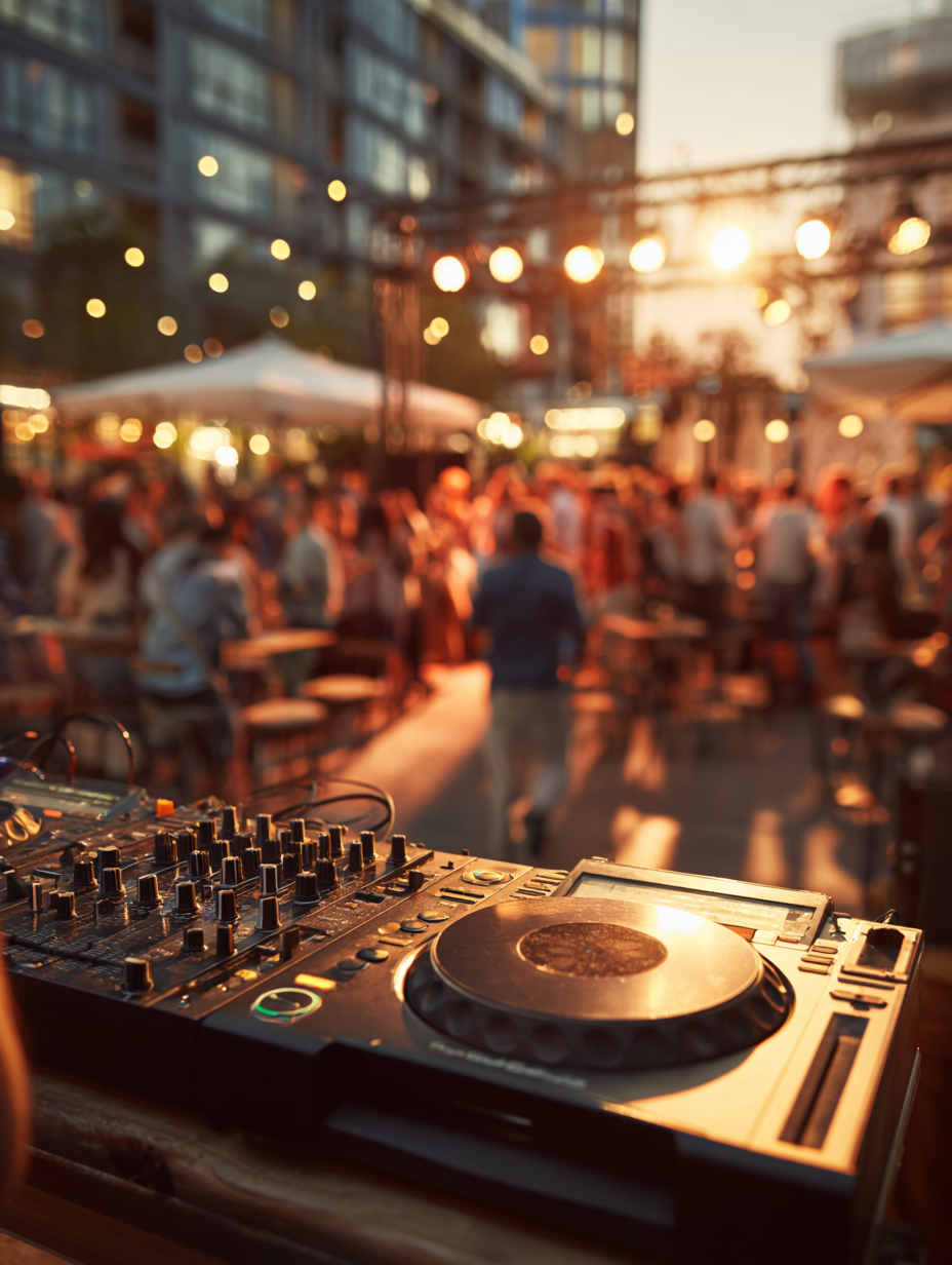 DJ setup in the foreground, blurred crowd and lights in a courtyard setting.
