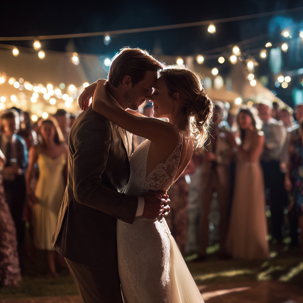 A bride and groom are kissing in front of a fireworks display.