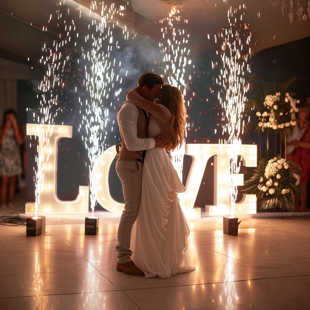 A bride and groom are dancing in front of a large love sign.