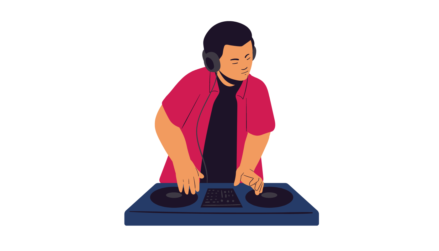 A man wearing headphones is playing music on a turntable.