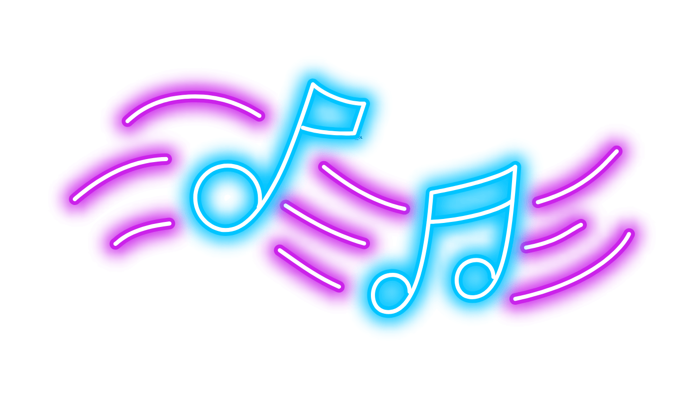 A neon sign of music notes on a white background.