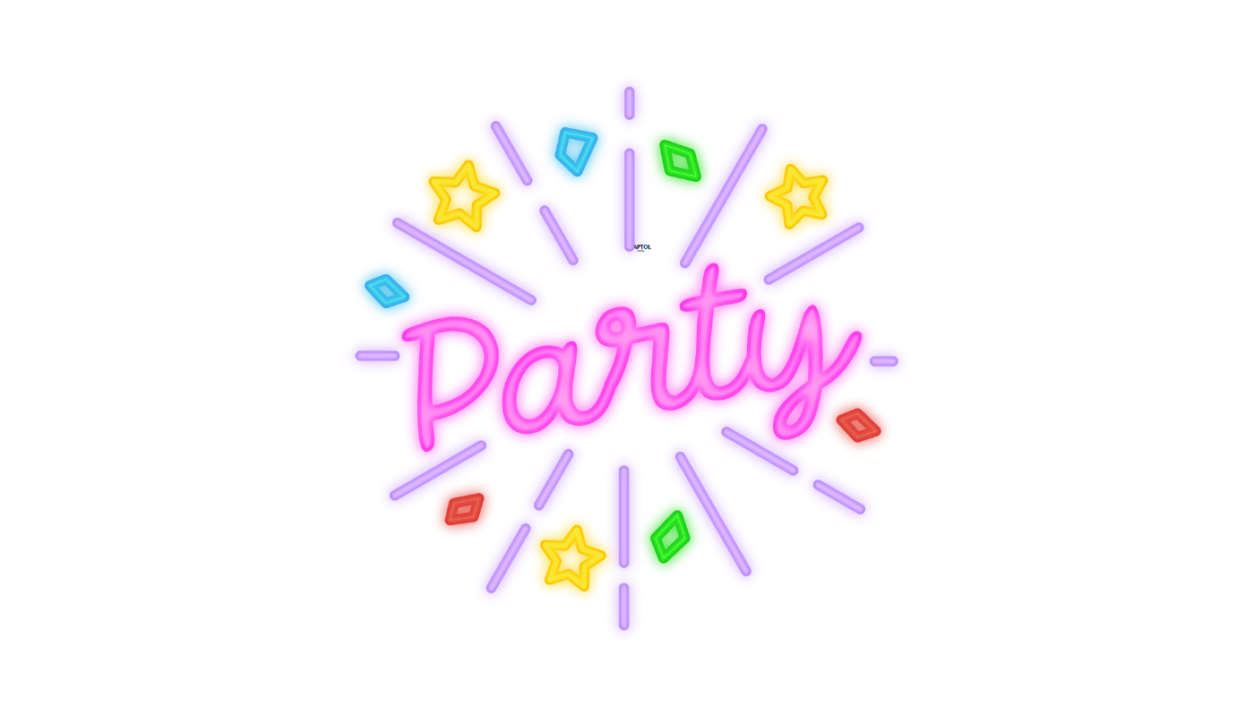 The word party is surrounded by colorful confetti and stars.