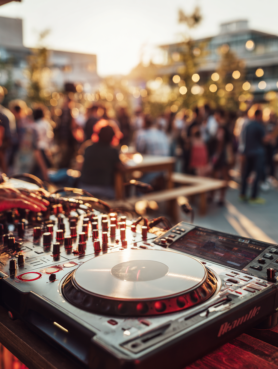 DJ mixer at outdoor party with blurred crowd and warm sunlight.