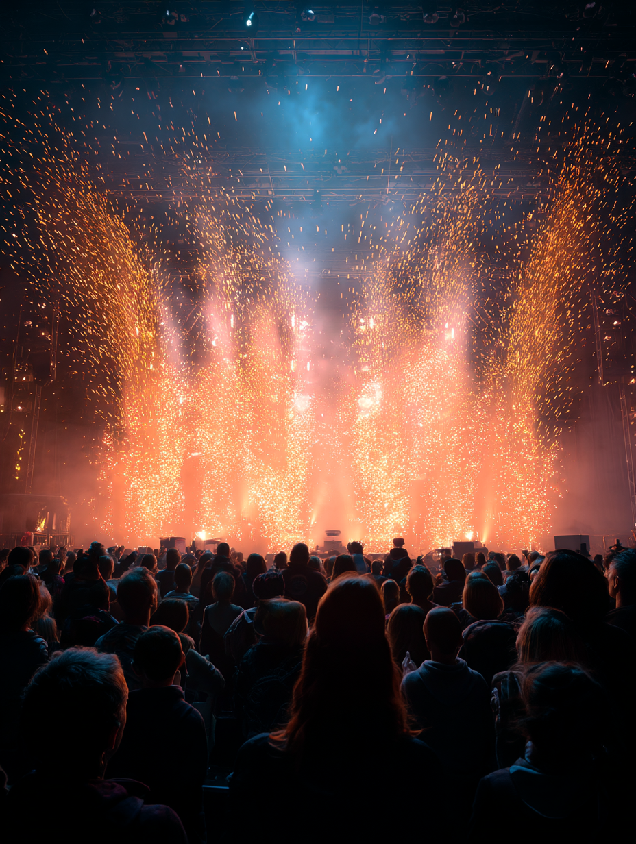 A crowd of people watching a fireworks display at a concert
