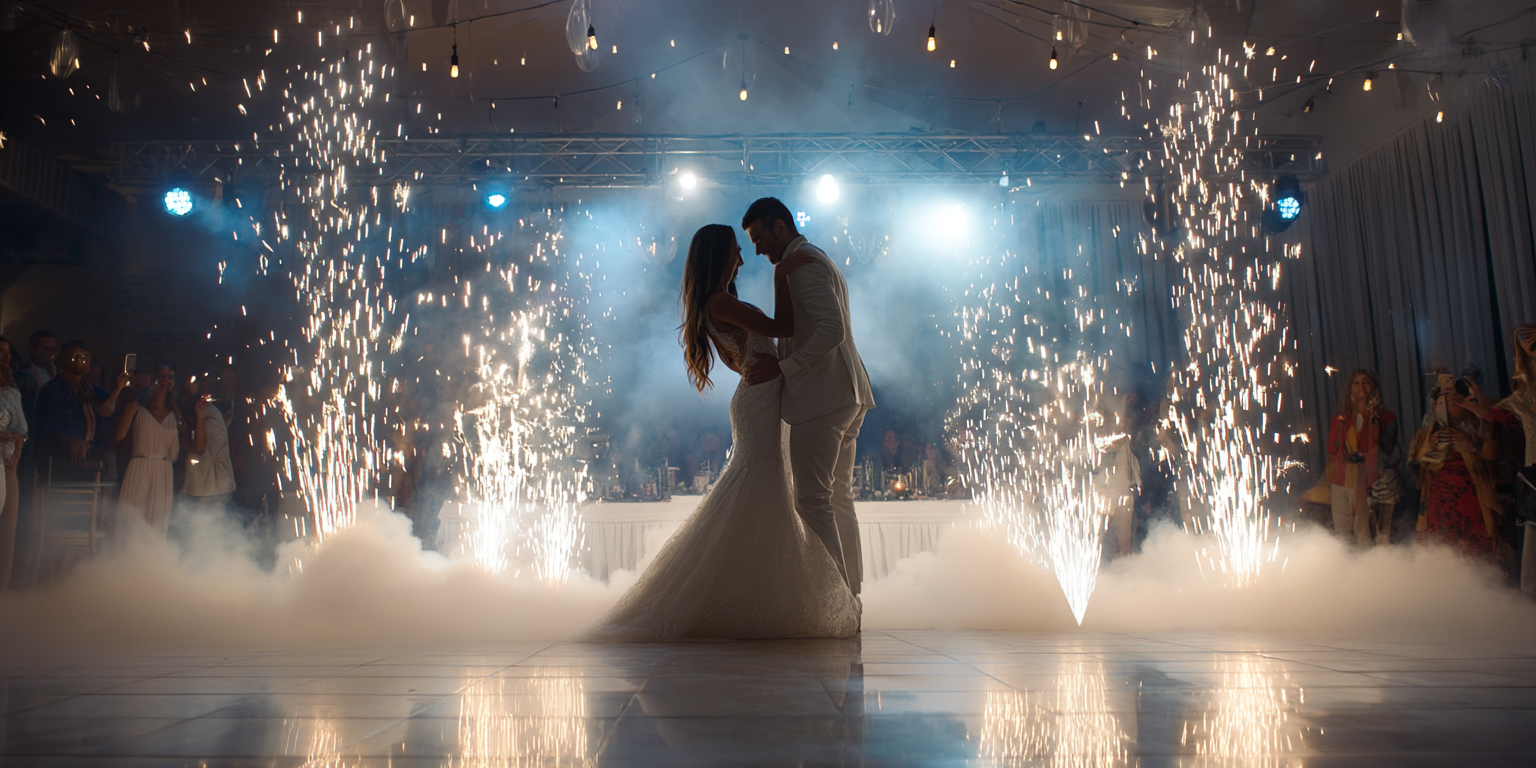 A bride and groom are dancing in front of fireworks at their wedding reception.