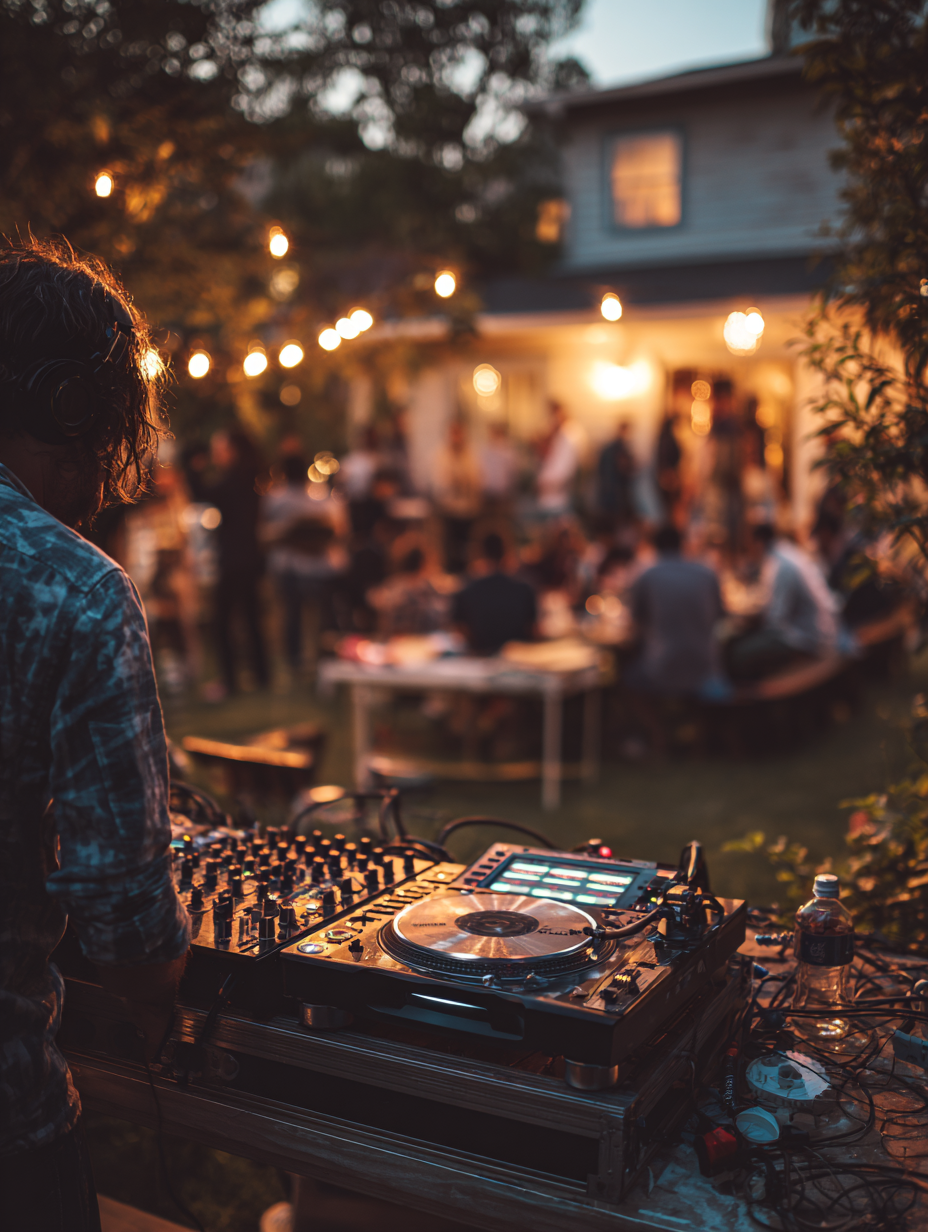 DJ playing music at an outdoor party with people gathered near a house.