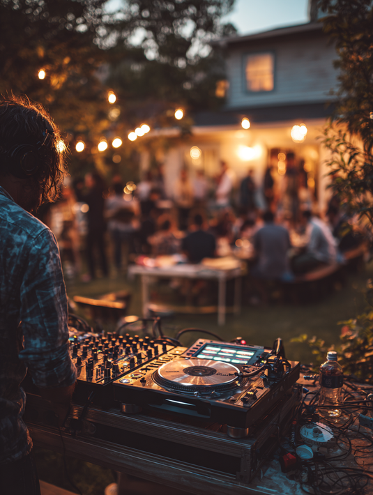 DJ playing music at an outdoor party with string lights; people gathered near a house.