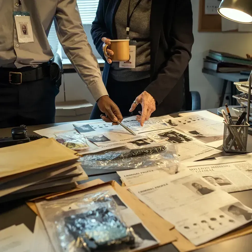 Private investigator reviewing case files in a modern office, emphasizing professionalism and expertise