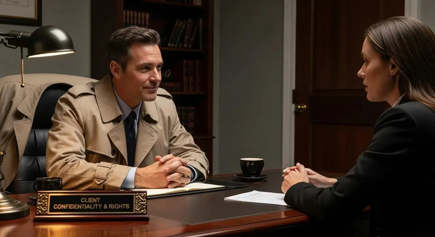 Private investigator reassuring a client in a secure office, highlighting confidentiality and client rights
