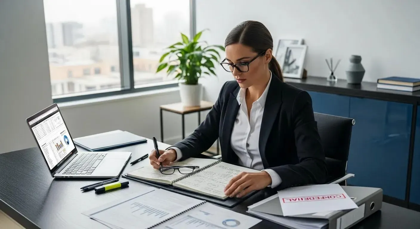 Corporate investigator analyzing documents in a modern office setting