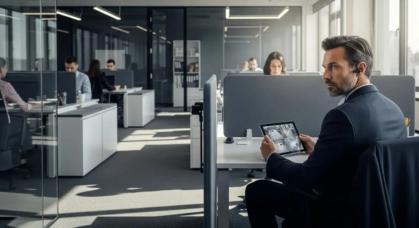 Corporate investigator conducting surveillance in an office to uncover employee theft