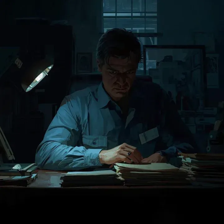 Man in a dimly lit office, examining papers under a desk lamp, focused expression.