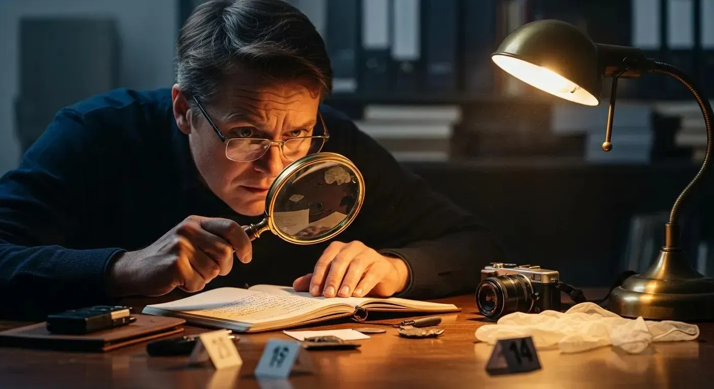 Investigator examining evidence with a magnifying glass in a focused manner