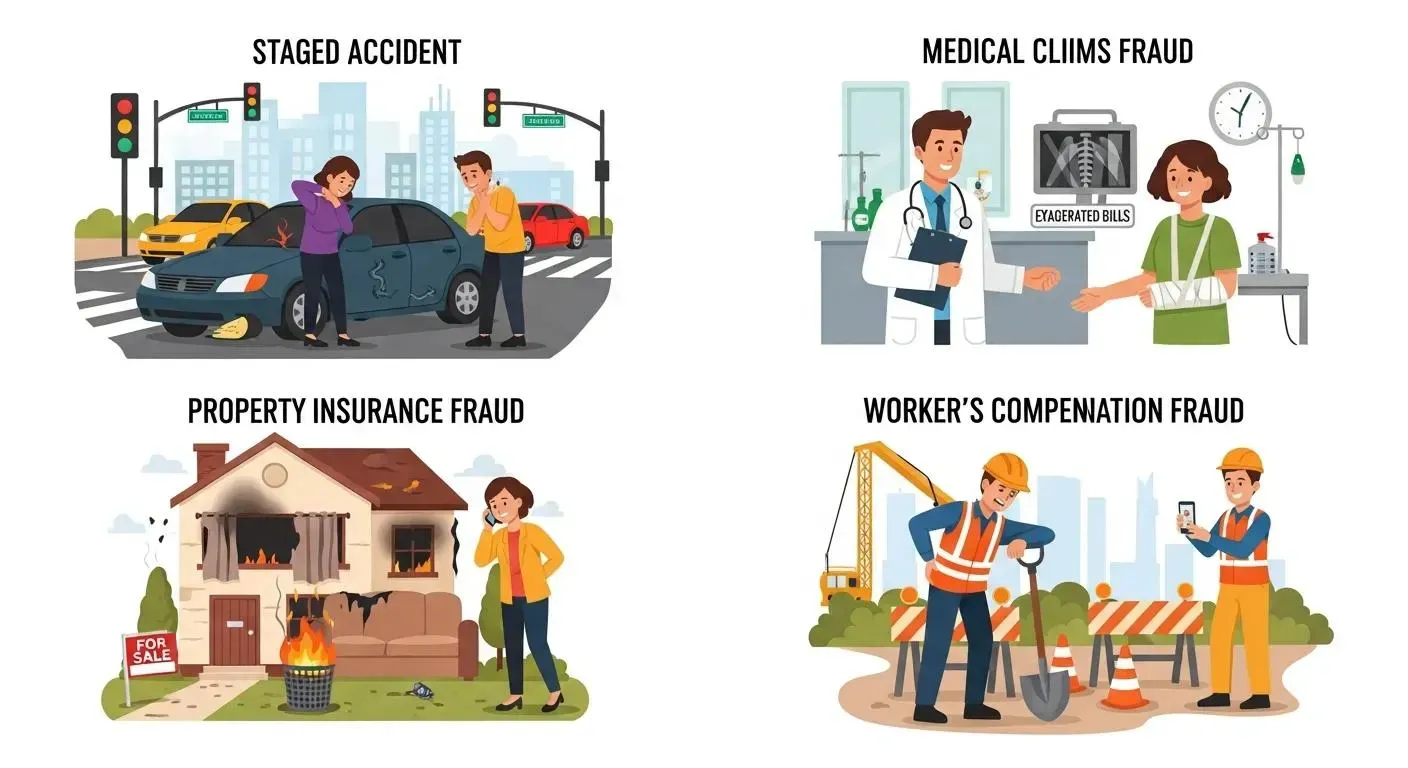 Illustration of different types of insurance fraud including staged accidents and medical claims