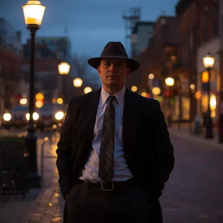 Man in fedora and suit stands on a city street at night, hands in pockets, surrounded by streetlights.