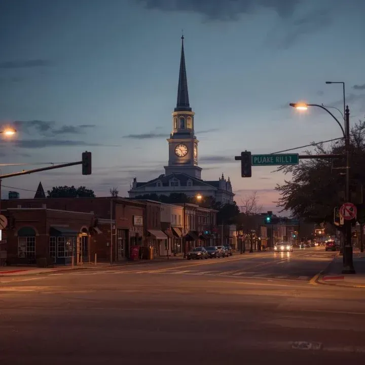 Street scene at dusk with a church steeple in the background and streetlights illuminating the empty street.
