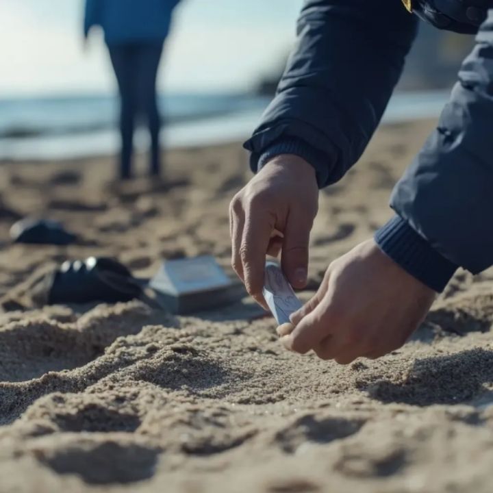 Hands picking up an object from sand on a beach, another person in the blurred background.