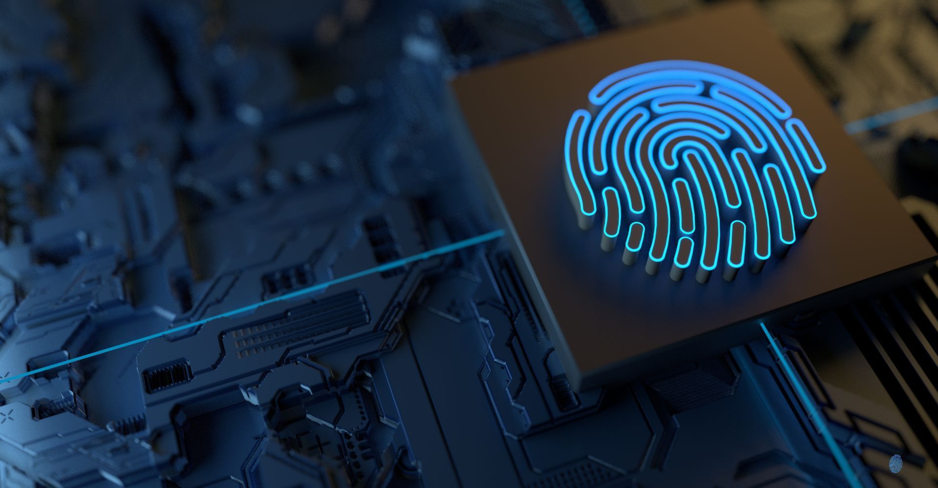 Glowing blue fingerprint icon on a circuit board, representing biometric security and data access.
