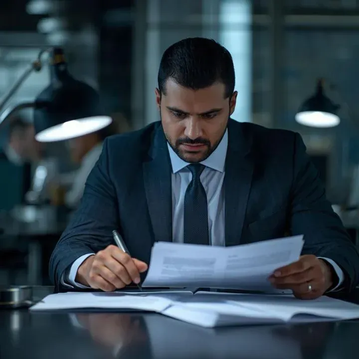 Investigator reviewing a background check report on a tablet in an office