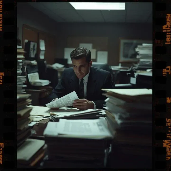 Private investigator reviewing evidence in a professional setting