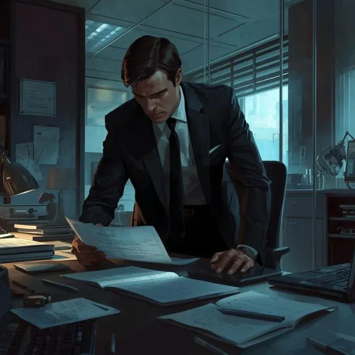 Professional private investigator examining documents in a modern office