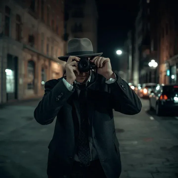 Private investigator conducting covert surveillance in an urban setting