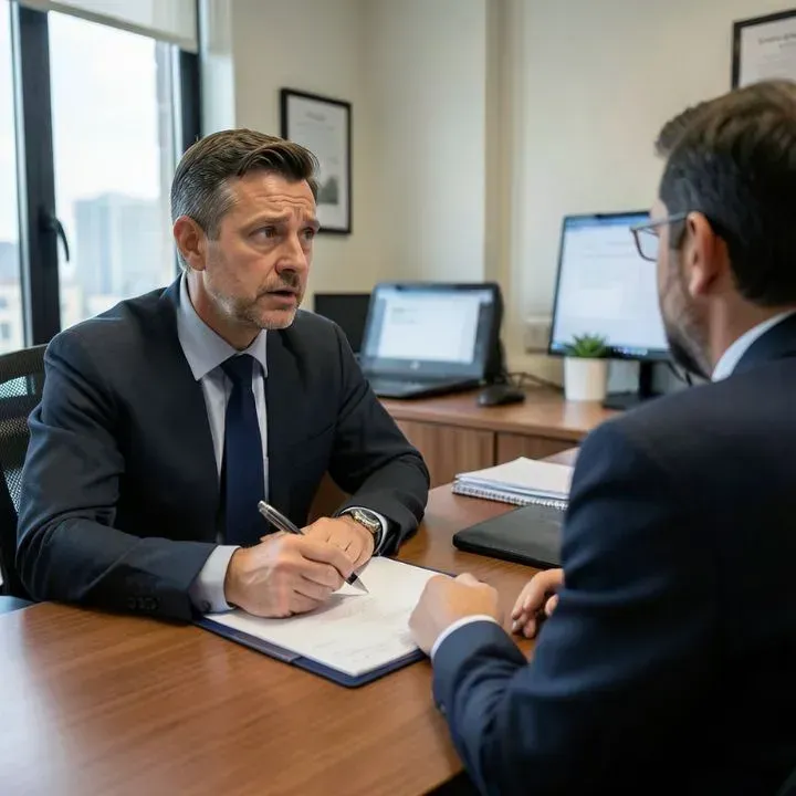 Two men in suits at a desk, one writing on a clipboard, discussing paperwork in an office setting.