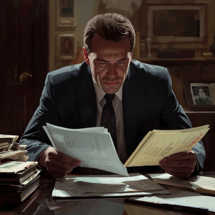 Private investigator examining documents in an office, emphasizing professionalism