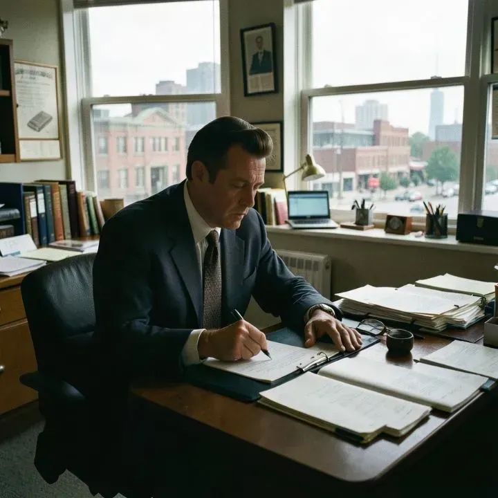 Man in suit writing at a desk in an office with a city view.