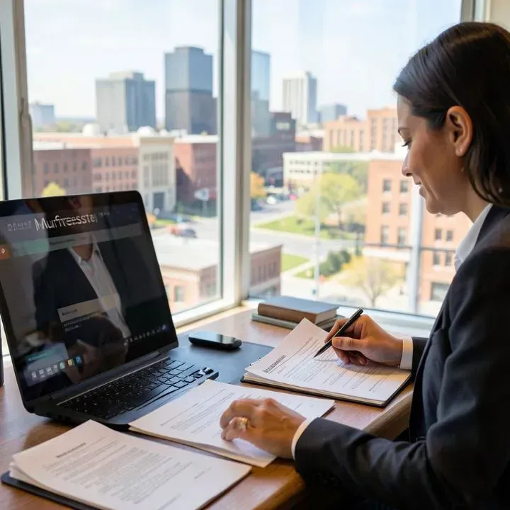Woman in suit working at desk by window, reviewing documents, laptop open with website visible.