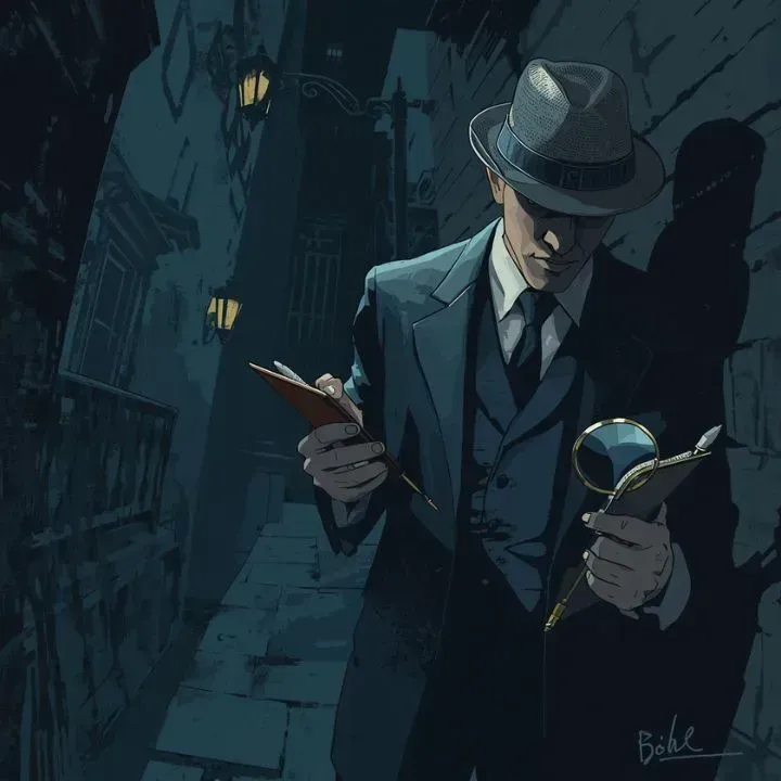 Detective in a fedora examines notes in a dimly lit alley, holding a magnifying glass and notepad.