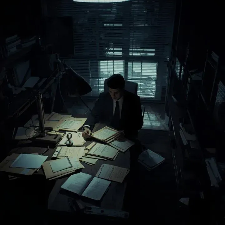 Man in suit at a desk, illuminated by a lamp, reviewing documents in a dark office.