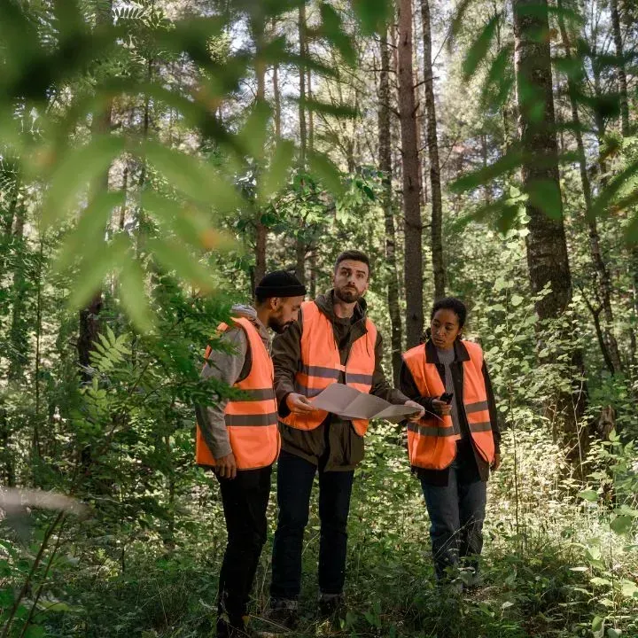 Three people in orange vests study a map in a forest.