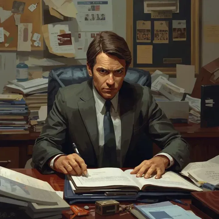 Man in suit sits at desk, focused on paperwork, cluttered office setting.