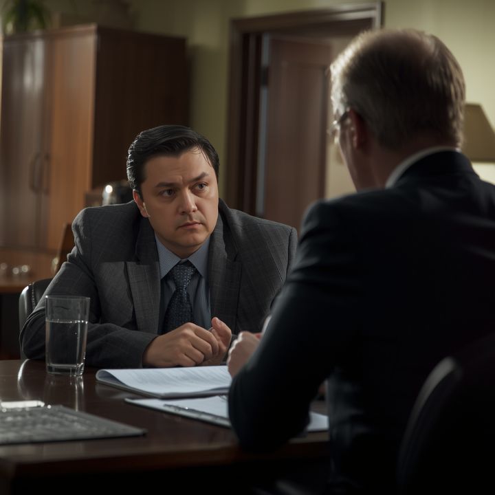 Private investigator consulting with a parent about child custody in a warm office setting