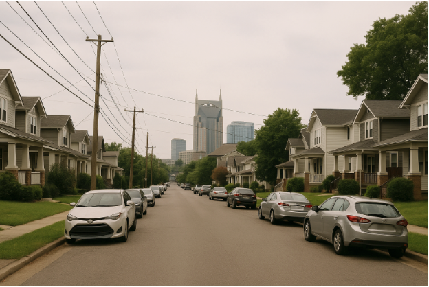 Street lined with houses and parked cars, with a tall building visible in the distance under a cloudy sky. Nashville private investigator