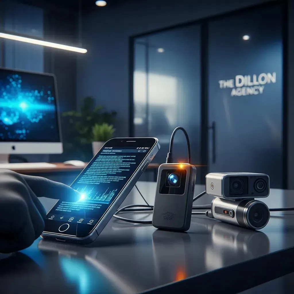 advanced investigative tools including mobile forensic device and gps tracker on a modern desk