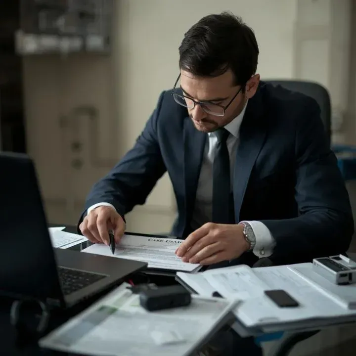 Man in suit, glasses, reviewing documents at a desk with laptop, papers, and phone.