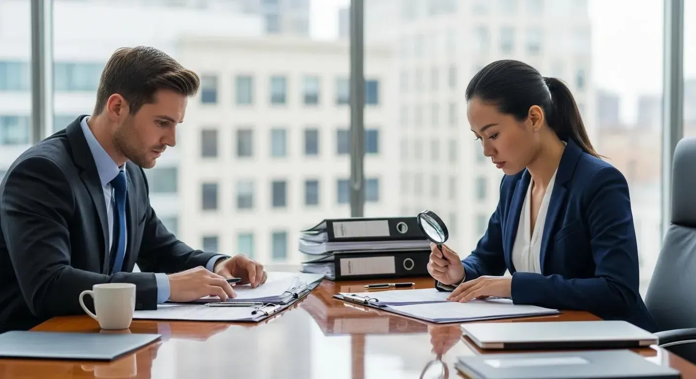 Insurance investigators analyzing documents in a professional office setting