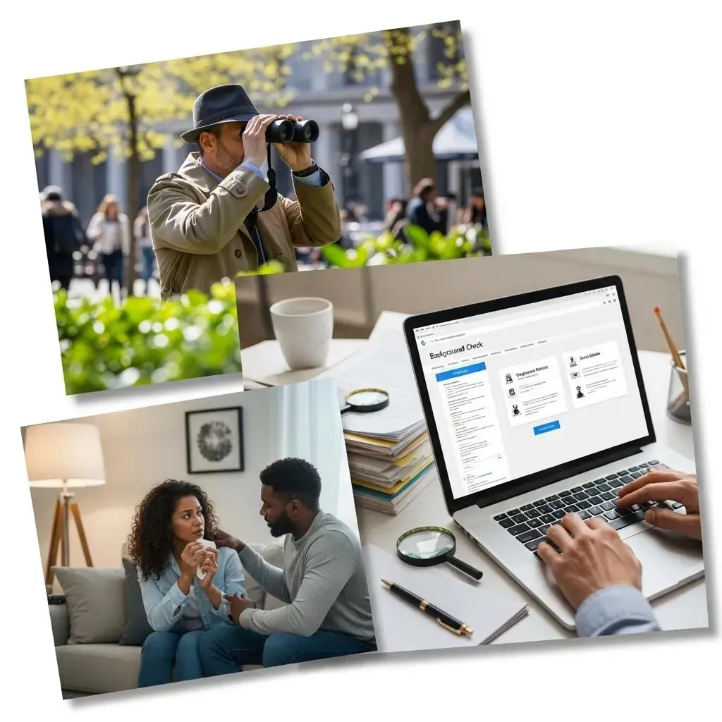 Collage of investigation scenarios: surveillance, background checks, and infidelity discussions