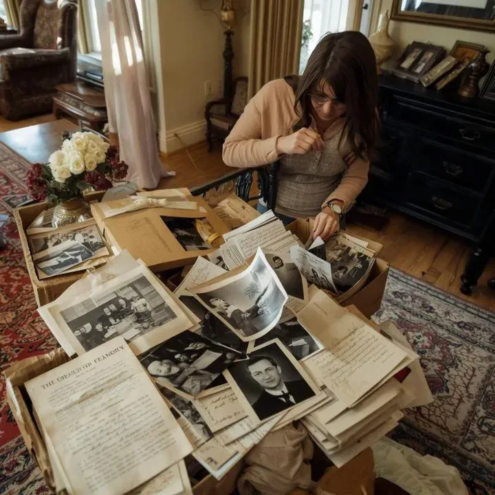 Woman sorts through old photos and documents in boxes, inside a living room.